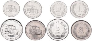 Turkey, Republic, 50 Kurus, 1, 2-1/2 & 5 Lira Stainless Steel 1970-1979, F.A.O. - Ataturk driving tractor, KM div, UNC
