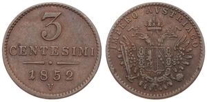 Italian States, Lombardy-Venetia, 3 Centesimi Copper 1852 V, Crowned double imperial eagle with shield, KM 30.2 (Venice), XF
