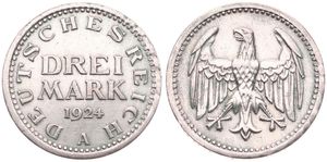 Germany, Weimar Republic, 3 Mark Silver 1924A, Eagle with wings spread, KM 43, XF