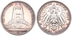 German States, Saxony - Albertine, Friedrich August III, 3 Mark Silver 1913E, 100th Anniversary of the Battle of Leipzig, KM 1275, XF