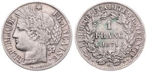 France, Republic, 1 Franc Silver 1871K, Laureate head left, KM 822.2 (Bordeaux), A.XF