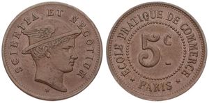 France, Republic, Token in Copper ND, Bon pour 5 Centimes a l'Ecole Pratique de Commerce a Paris / Scientia et Negotium - Head with winged hat right, XF