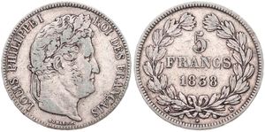 France, Second Kingdom, Louis Philippe I, 5 Francs Silver 1838K, Laureate head right, KM 749.7 (Bordeaux), VF
