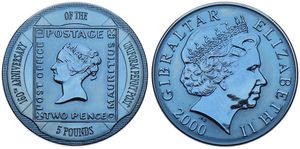 Gibraltar, British Colony, Elizabeth II, 5 Pounds Blue Titanium 2000, 160th Anniversary of the Uniform Penny Post, KM 885, PROOF