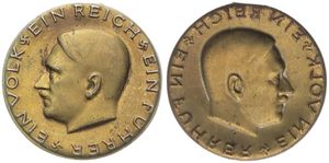 Germany, Third Reich, Badge in Brass ND, Military uniface badge, Ein Volk ein Reich ein Fuhrer, Head of Adolf Hitler left, XF