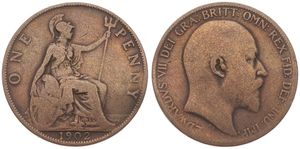 Great Britain, Kingdom, Edward VII, 1 Penny Bronze 1902, Head right, KM 794.1, LOW SEA LEVEL, Fine