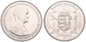 Hungary, Regency Coinage, 5 Pengo Silver 1930BP, 10th Anniversary of the Regency of Admiral Horthy, KM 512.1, A.UNC