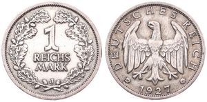 Germany, Weimar Republic, 1 Reichsmark Silver 1927J, Eagle with wings spread above date, KM 44, VF