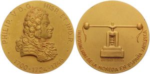 Spain, Kingdom, Franco, Medal in Gilt Bronze 1964 by Calico, Kings of Spain, Bust of Philip V right (1700-1746) / Coin Press, UNC