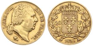 France, Second Kingdom, Louis XVIII, 20 Francs Gold 1820A, Head right / Crowned arms within wreath, KM 712.1 Paris, VF (*)