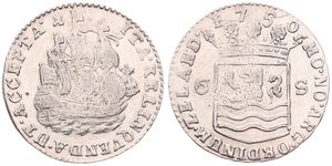 Netherlands, Zeeland Province, 6 Stuivers Silver 1750, Crowned arms of Zeeland / Sailing Ship, KM 90.1, VF (slightly cleaned)