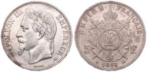 France, Second Empire, Napoleon III, 5 Francs Silver 1865BB, Laureate head left, KM 799.2 (Strasbourg), RARE KEY DATE !, A.XF (small edgenick)