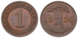 Germany, Weimar Republic, 1 Reichspfennig Bronze 1934E, Large denomination within circle, KM 37, XF