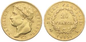 France, First Restoration, Napoleon, 20 Francs Gold 1815L, Laureate head left / Value within wreath, KM 706.4 Bayonne, VF (*)