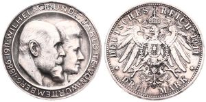 German States, Wurttemberg, Wilhelm II, 3 Mark Silver 1911F, Silver Wedding Anniversary, KM 636, VF (attention : traces of mounting)