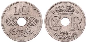 Faeroe Islands, Danish Dependency, 10 Ore Copper-Nickel 1941, Crowned Monogram around center hole, KM 4, SCARCE, XF