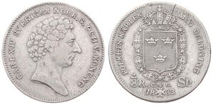 Sweden, Kingdom, Carl XIV Johan, 1/8 Riksdaler Silver 1833, Head right, KM 626, VF