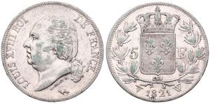 France, Second Kingdom, Louis XVIII, 5 Francs Silver 1821W, Head left, KM 711.13 Lille, VF