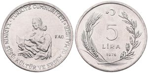 Turkey, Republic, 5 Lira Stainless Steel 1976, F.A.O. - Mother breastfeeding infant, KM 909, UNC
