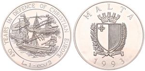 Malta, Republic, 1 Lira (2 Ecu) Copper-Nickel 1993, 430 Years in Defence of Christian Europe - Cluster of Sailing Ships, KM 103, UNC