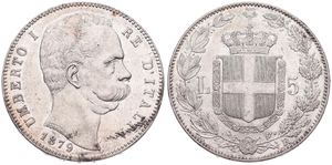 Italy, Kingdom, Umberto I, 5 Lire Silver 1879R, Head right, KM 20, XF