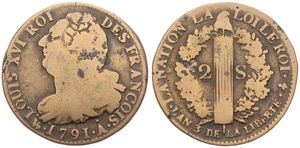 France, First Republic, 2 Sols Bronze 1791A, Bust of Louis XVI left, KM 603.1 Thin planchet, (Paris), Fine