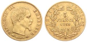 France, Second Empire, Napoleon III, 5 Francs Gold 1859A, Bearded head right / Value and date within wreath, KM 787.1 Paris, VF (*)