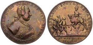 Great Britain, Kingdom, George II, Medal in Bronze 1745 by Pinchbeck, Jacobite Rebellion - Carlisle recaptured, Armored bust of the Duke of Cumberland right / Duke on horseback and soldiers, SCARCE, VF/XF