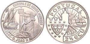 Portugal, Republic, 2-1/2 Ecu Copper-Nickel 1992, Joao II and Sailing ship, KM X 24, B.UNC