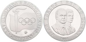 Spain, Kingdom, Juan Carlos I, 2000 Pesetas Silver 1991, Olympics - Torch, Flag and Rings, KM 887, PROOF