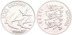 Estonia, Republic, 100 Krooni Silver 1992, Three Barn Swallows in flight, KM 27, PROOF