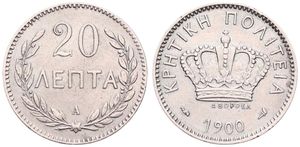 Crete, Greek Administration, Prince George, 20 Lepta Copper-Nickel 1900A, Large Crown at center, KM 5, SCARCE, XF 