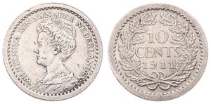 Netherlands, Kingdom, Wilhelmina I, 10 Cents Silver 1911, Crowned bust left, KM 145, A.XF