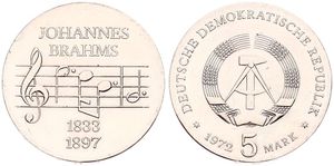 Germany, Democratic Republic, 5 Mark Copper-Nickel 1972, 75th Anniversary of the Death of Johannes Brahms, KM 36.1, UNC