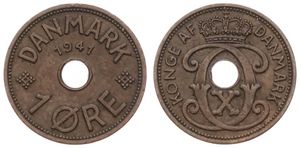 Faeroe Islands, Danish Dependency, 1 Ore Bronze 1941, Crowned Monogram around center hole, KM 1, SCARCE, XF