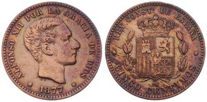 Spain, Kingdom, Alfonso XII, 5 Centimos Bronze 1877 OM, Head right, KM 674, VF+