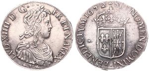 France, Kingdom, Louis XIV, 1 Ecu Silver 1652, Laureate bust with long curl right, KM 180 (Saint Palais), VERY RARE !, XF