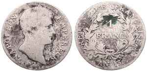 France, First Empire, Napoleon, 1 Franc Silver AN 13A, Bare head right, KM 656.1 (Paris), Fine