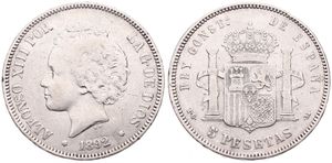 Spain, Kingdom, Alfonso XIII, 5 Pesetas Silver 1892 (92), Young head left, KM 700, VF