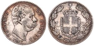 Italy, Kingdom, Umberto I, 2 Lira Silver 1887R, Head right, KM 23, A.VF