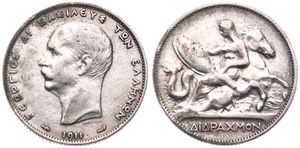 Greece, Kingdom, George I, 2 Drachmai Silver 1911, Thetis with shield of Achilles seated on sea horse, KM 61, VF