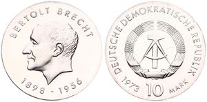 Germany, Democratic Republic, 10 Mark Silver 1973, 75th Anniversary of the Birth of Bertolt Brecht, KM 45, UNC