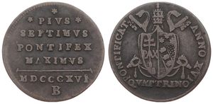Italian States, Papal States, Pius VII, 1 Quattrino Copper MDCCCXVI-XVIB (1816), Papal arms, KM 1276.3, VF
