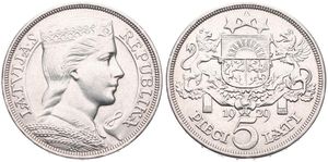 Latvia, First Republic, 5 Lati Silver 1929, Crowned head right, KM 9, Position A, XF