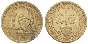 Monaco, Principality, Louis II, 50 Centimes Aluminum-Bronze 1926, Hercules shooting bow to right, KM 113, A.UNC