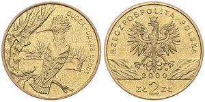 Poland, Republic, 2 Zlote Brass 2000, Long-billed Hoopoe on branch, KM 388, UNC