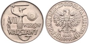 Poland, Probas Coins : 10 Zlotych Copper-Nickel 1965, Mermaid holding sword and shield, KM Pr 131, UNC