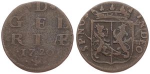 Netherlands, Gelderland Province, 1 Duit Copper 1720, Crowned arms of Gelderland, KM 75, Fine