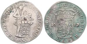 Netherlands, West Friesland Province, 1 Ducat (48 Stuivers) Silver 1687/83, Standing knight behind shield holding sword / Crowned arms flanked by date, KM 85.1, Fine
