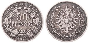Germany, Empire, Wilhelm I, 50 Pfennig Silver 1877A, Crowned imperial eagle within wreath, KM 8, VF